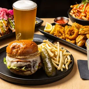 a burger, fries, and a drink