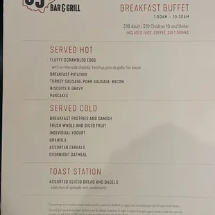 Breakfast buffet menu