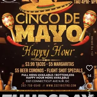 Cinco de Mayo flyer advertising bottomless happy hour until 9pm