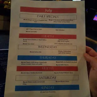 Daily specials as of 7/2018