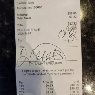 the receipt for the restaurant