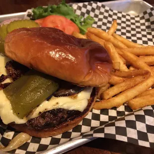 Build your own burger: angus patty, pepperjack, sautéed onions, and green chile w/fries!
