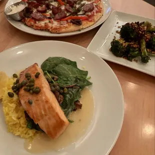 Salmon, Venison Pizza, Broccoli