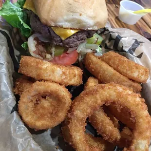 Cheeseburger with onion rings. Fantastic!