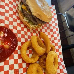 Double cheese burger with onion rings