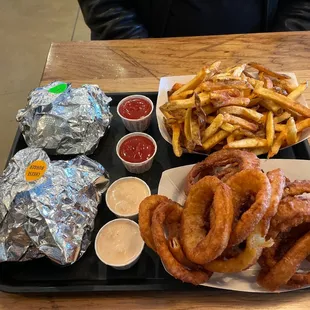 Burgers, fries, onion rings