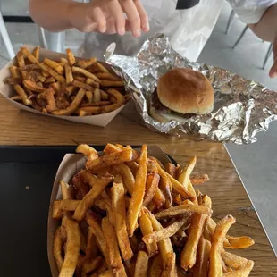 Kid&apos;s burger and fries, along with a regular basket of fries, which was HUGE for $3!