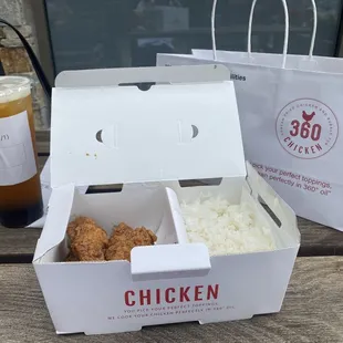 Korean fried chicken with white rice and mango and passionfruit boba tea.