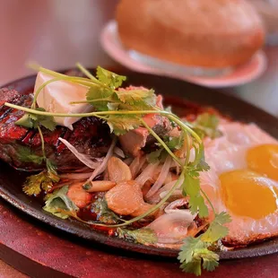 COVID OUTDOOR DINING: Bò Né - Viet Steak &amp; Eggs w/ pate, baguette | Off the menu $13.95 (excuse the red tint from the umbrella)