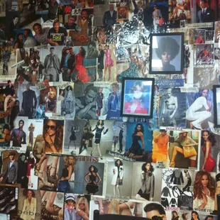 The back of the wall is covered in fashion magazines!