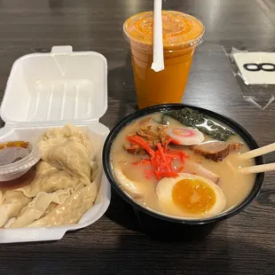 Tonkotsu Ramen and chicken dumplings they made it to go for some reason