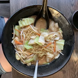 Veggie Ramen added in the black garlic sauce