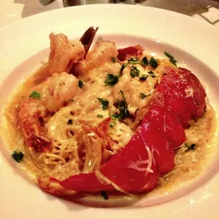 Lobster and shrimp angel hair pasta. Divine!