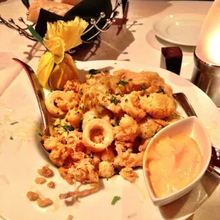 Calamari and artichoke  with remoulade sauce. Yum.
