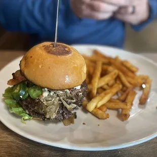 Burger with seasoned fries