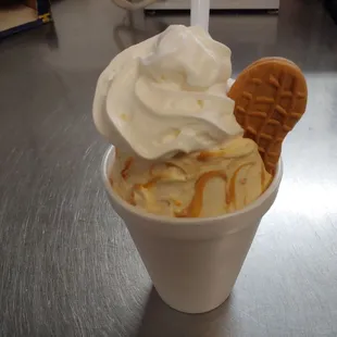 a cup of ice cream with a waffle and a cookie