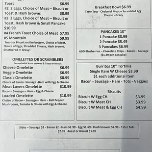 Breakfast menu
