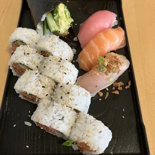 Naruto set with spicy tuna cut roll and  shrimp tempura hand roll