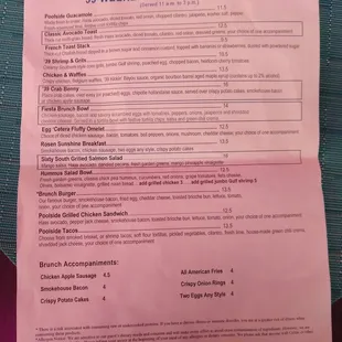 Weekend brunch menu