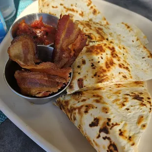 Brunch egg quesadilla on Sunday with bacon on the side