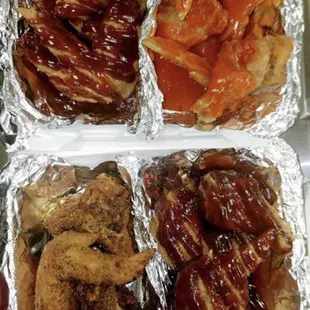 A variety of wings flavors lemon pepper barbecue and buffalo