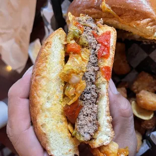 Frito pie burger with hatch peppers