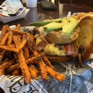 The &quot;Doerr&quot; Stopper: American &amp; Swiss Cheese, Grilled Mushrooms, Bacon, Avocado, Fried Egg, and an Onion Ring &amp;Sweet potato fries