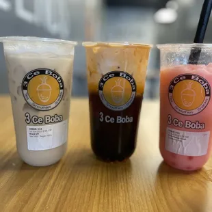 Milk Tea, Thai Milk tea with brown sugar boba and coffee jelly, watermelon slush with strawberry popping boba