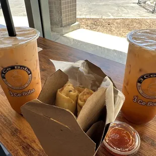 Thai iced tea with no toppings &amp; Egg rolls