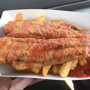 Fish &amp; Chips with a drizzle of hot sauce is AMAZING! Must try!