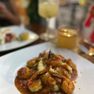 Shrimp meal with the best smoothest mashed potatoes and a Mexican Marilyn drink (short glass)