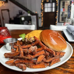 Burger with sweet potato fries.