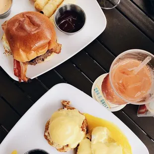 39 benny with mini waffles and brunch burger with yucca fries