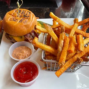 Bacon cheese burger and French fries