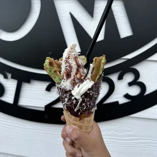 Specialty ice cream: dipped chocolate cone w/ pandan waffles