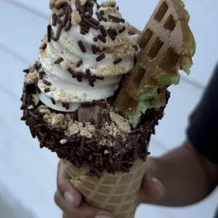 Chocolate dipped waffle cone + pandan waffle :)