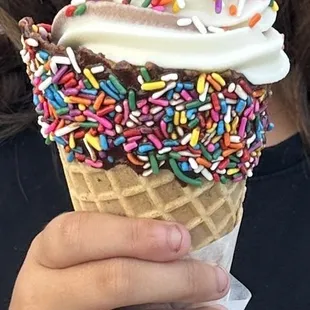 Chocolate Cone with rainbow sprinkles and twist ice cream