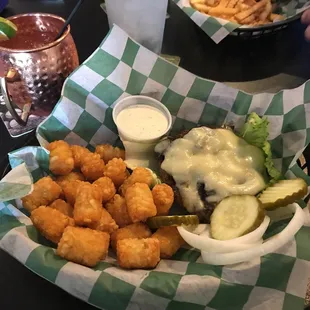 Happy Hour Mushroom and Swiss and tators for $5!!!