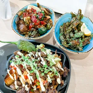 Vertical nachos, Brussels sprouts, shishito peppers