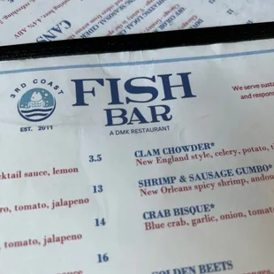 Fish Bar Menu