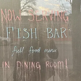 Fish Bar dining room is temporarily closed, but can get the menu next door at DMK