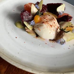 Buratta, beets, cherry tomatoes