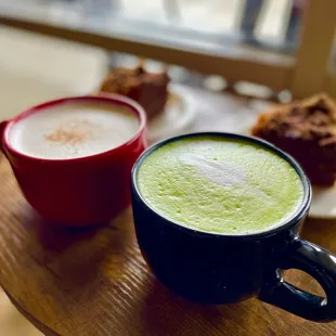 Matcha latte, chai latte, and coffee cakes