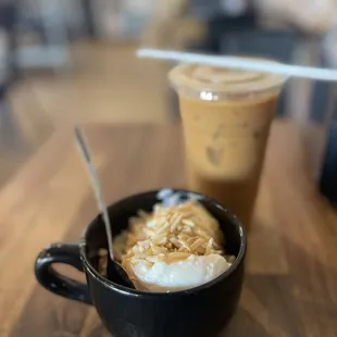 Greek Yogurt Parfait with Almonds and Vietnamese Coffee.