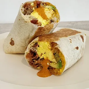 Brochacho breakfast burrito with house made ancho-chipotle sauce.