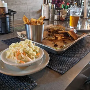 Lone Star, fries and coleslaw