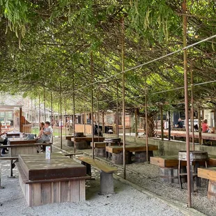 tables and benches under a canopy