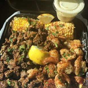 This is the full steak and shrimp. Tender and let's not forget that extra garlic butter sauce