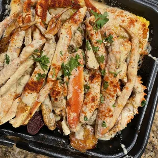 a tray of crab legs