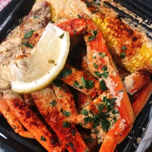 Salty Snow crab, Salty Shrimp, Boiled sausage, Frozen Corn, potatoes, Minute Rice